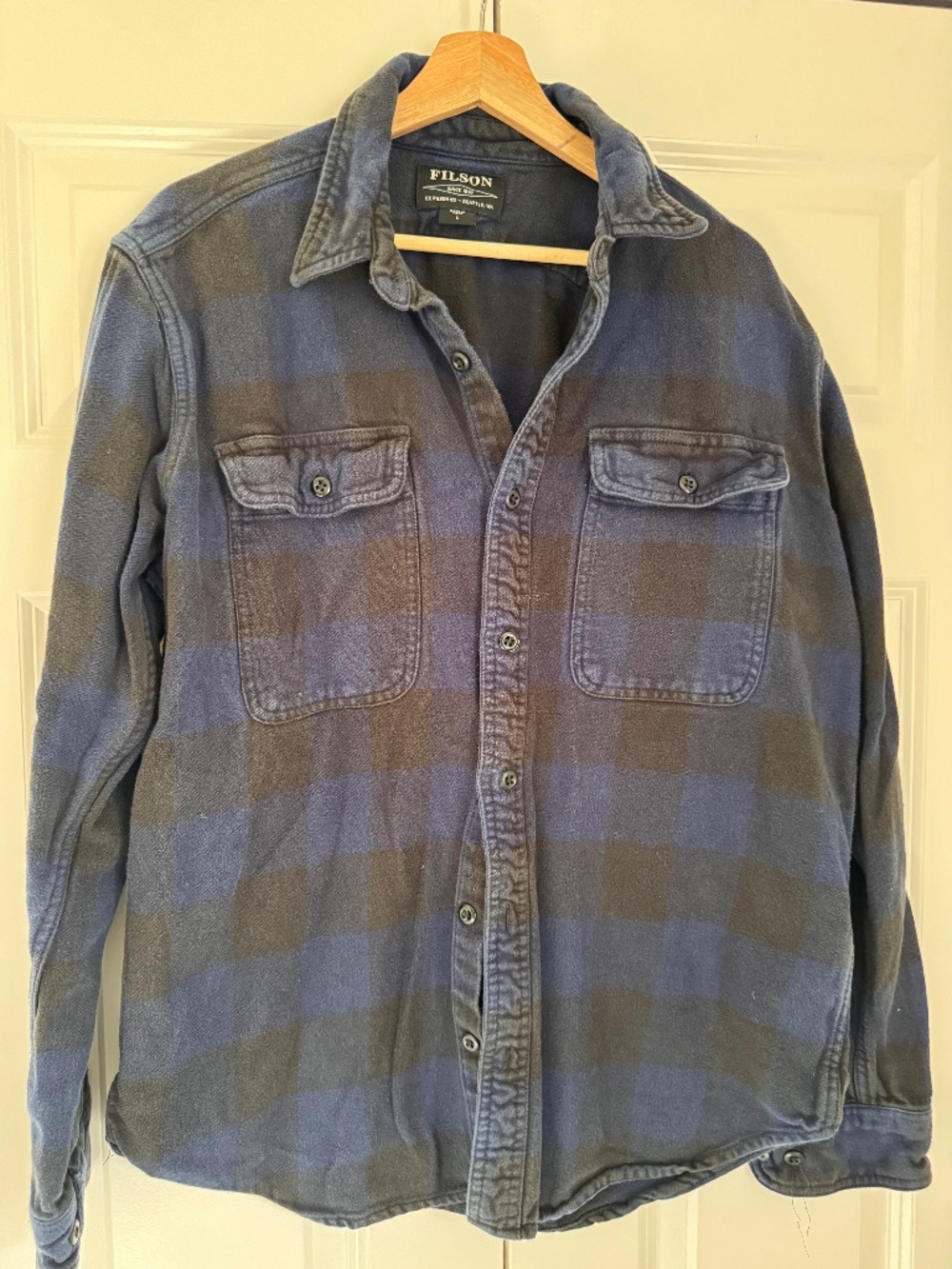 Filson Blue Buffalo Plaid Flannel Shirt, Men’s Large